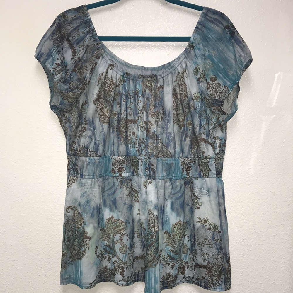 Notations Women’s XL Paisley Blue Short Sleeve Peasant Pullover Top Scoop Neck